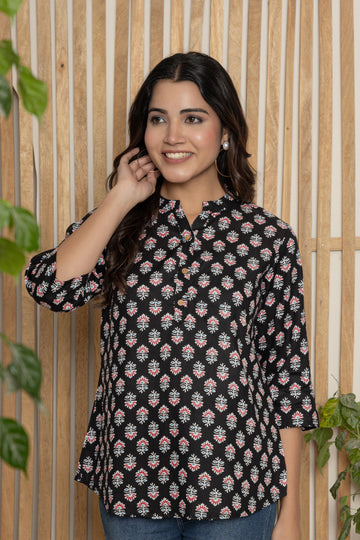 Midnight Bloom Block Print Cotton Tunic