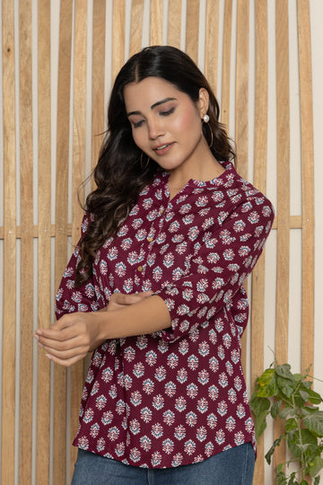 Maroon Heritage Block Print Cotton Tunic