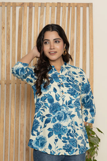 Azure Bloom Cotton Tunic