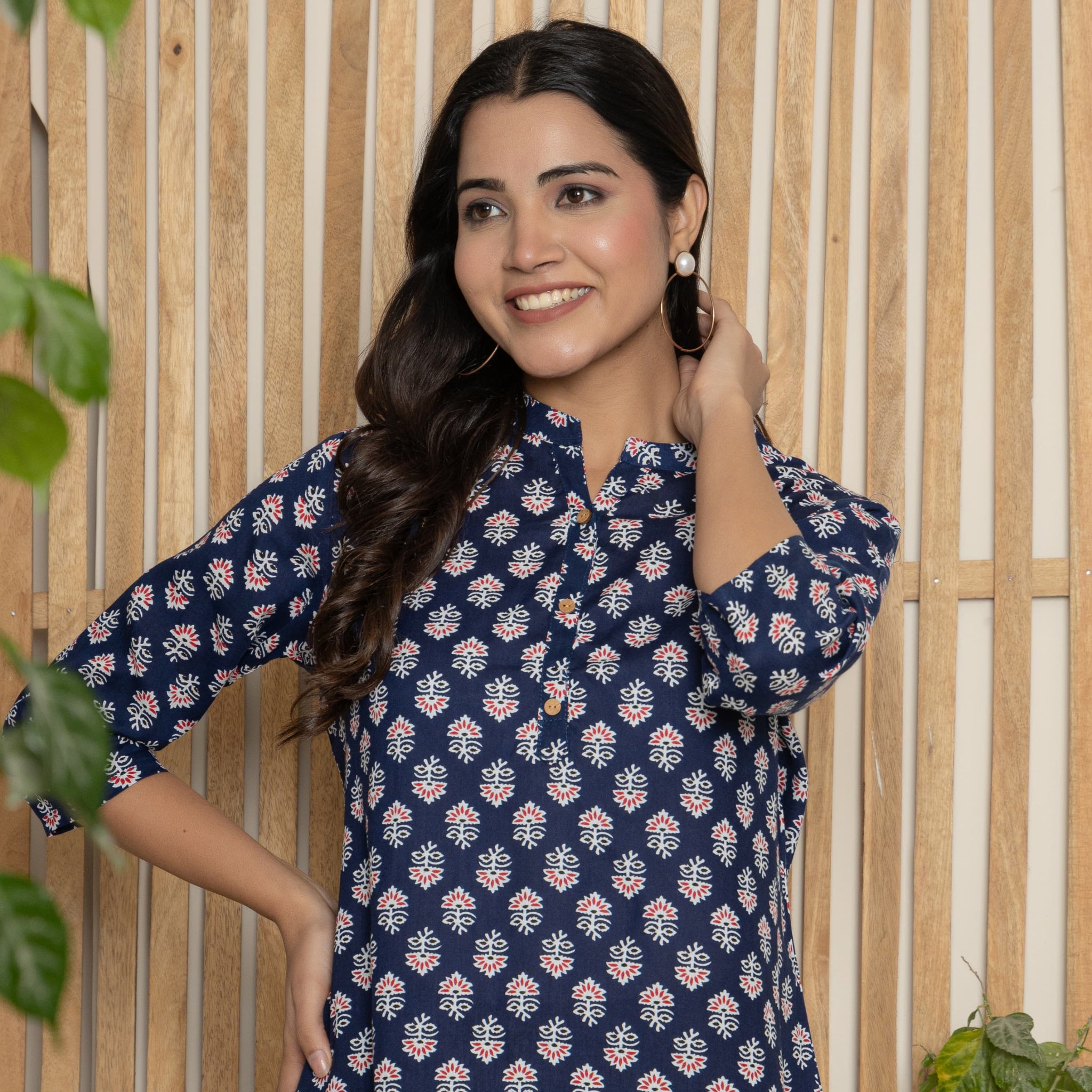 Navy Blossom Block Print Cotton Tunic