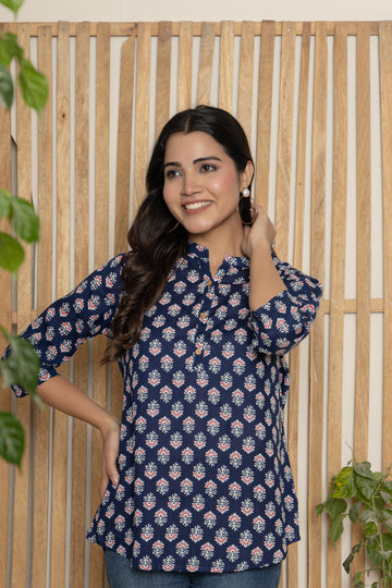 Navy Blossom Block Print Cotton Tunic