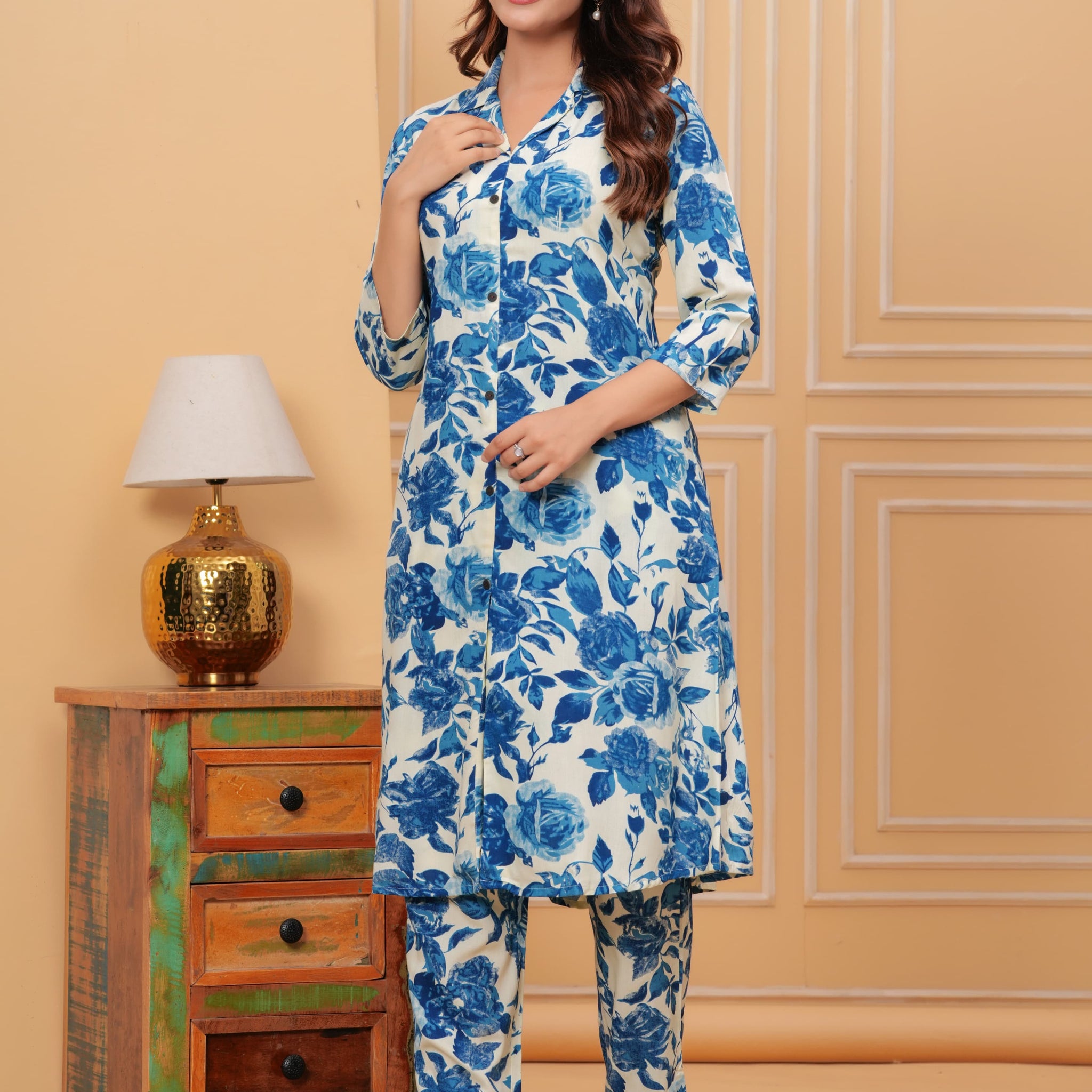 Elegant Blue Floral Soft Cotton Co-ord Set