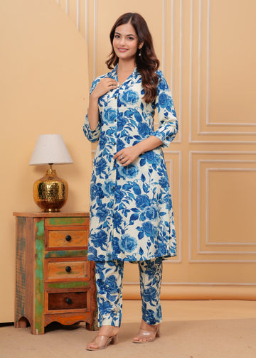 Elegant Blue Floral Soft Cotton Co-ord Set