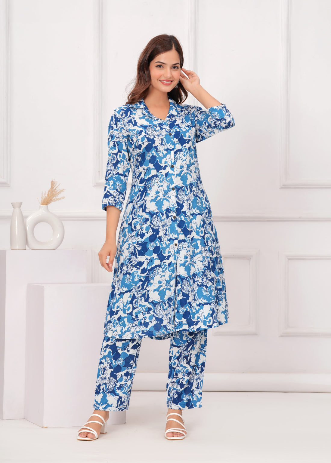 Chic Floral Blue Cotton Co-ord Set