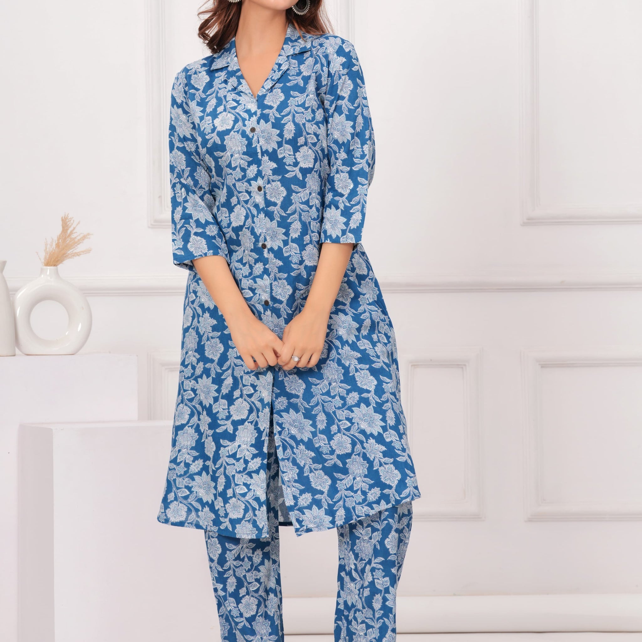 Elegant Blue Floral Cotton Kurta Set