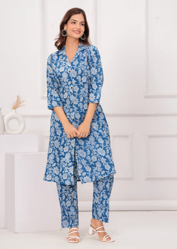 Elegant Blue Floral Cotton Kurta Set