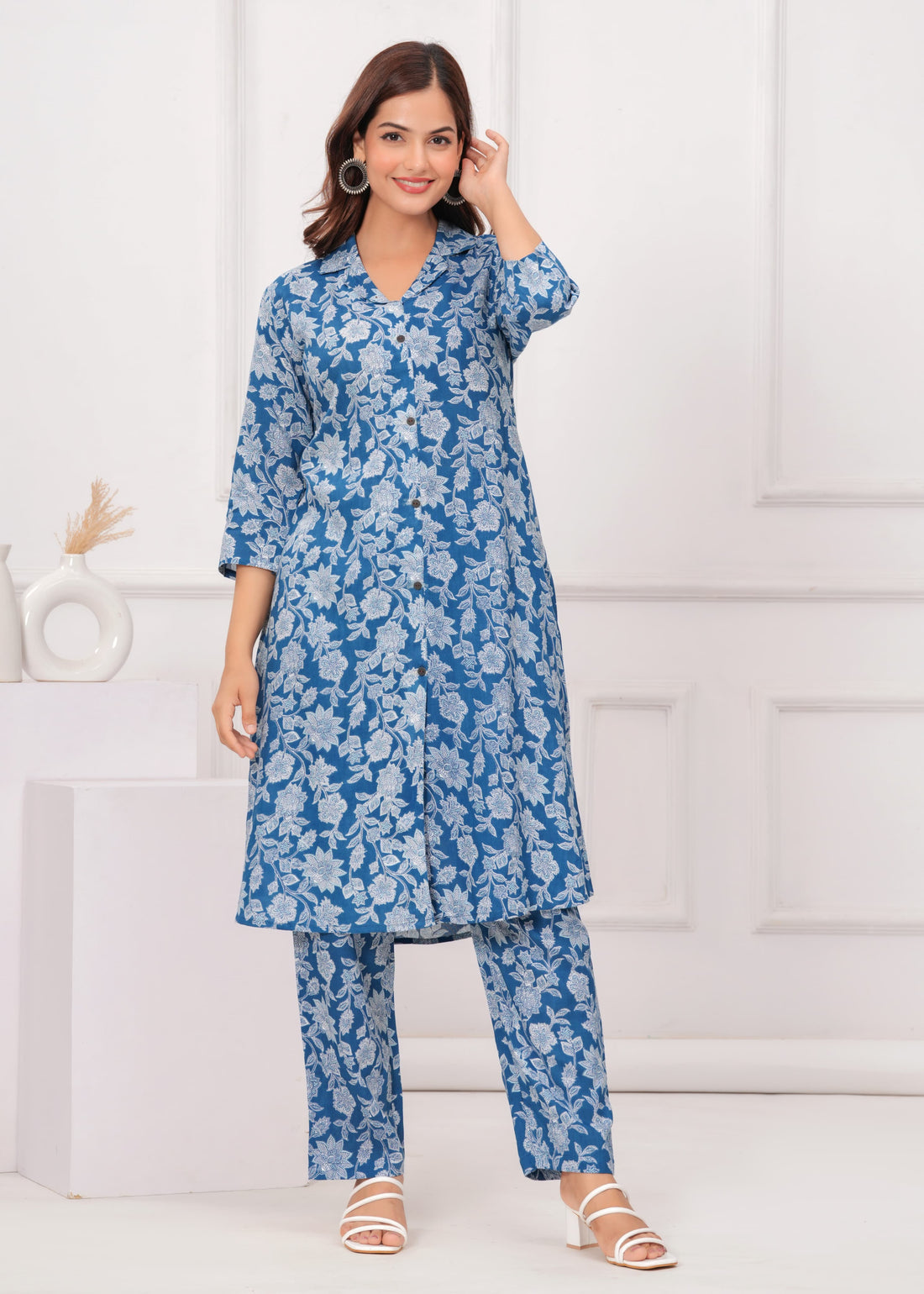 Elegant Blue Floral Cotton Kurta Set