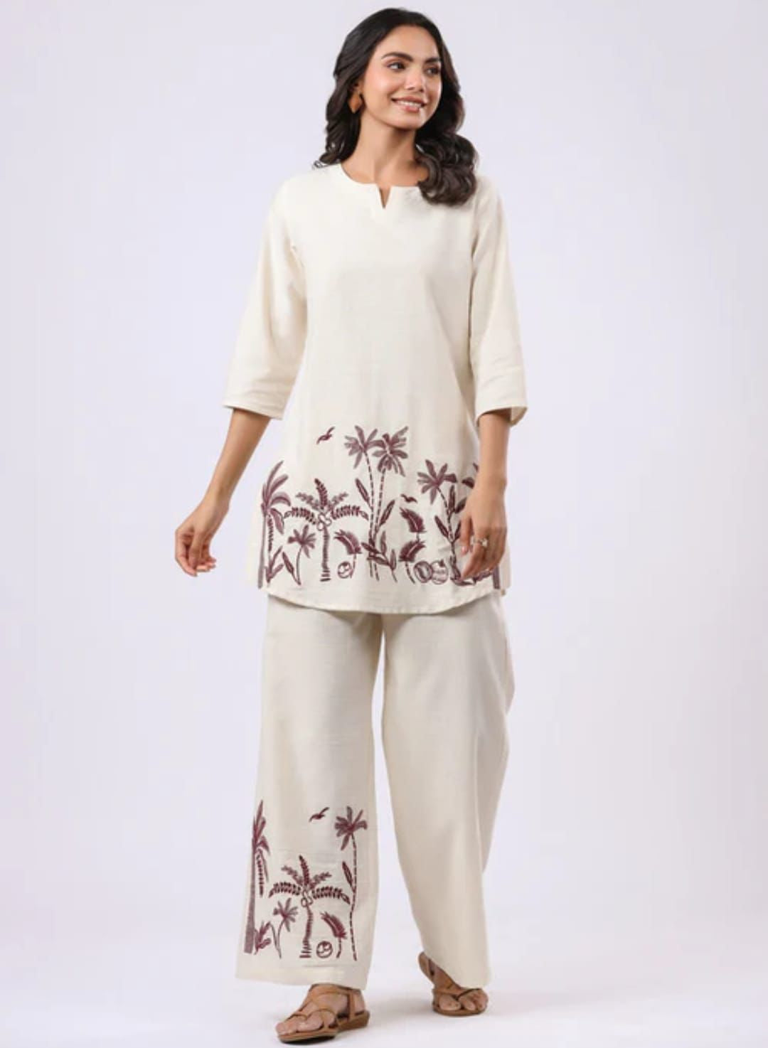 Beige Soft Cotton Palm Tree Embroidered Co-Ord Set