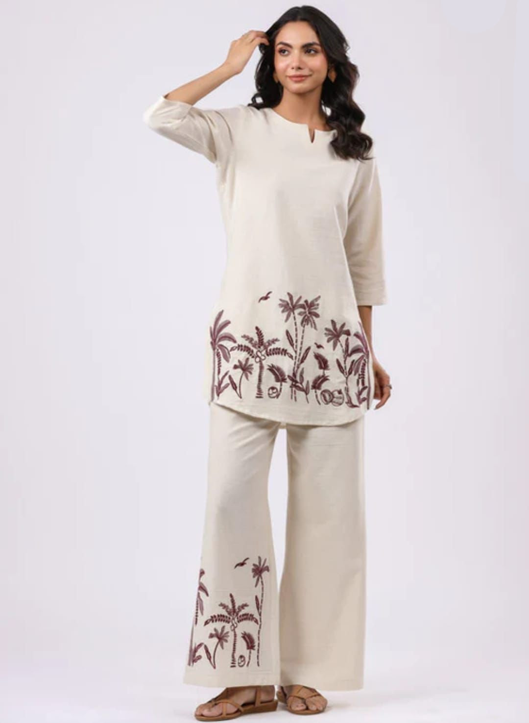 Beige Soft Cotton Palm Tree Embroidered Co-Ord Set