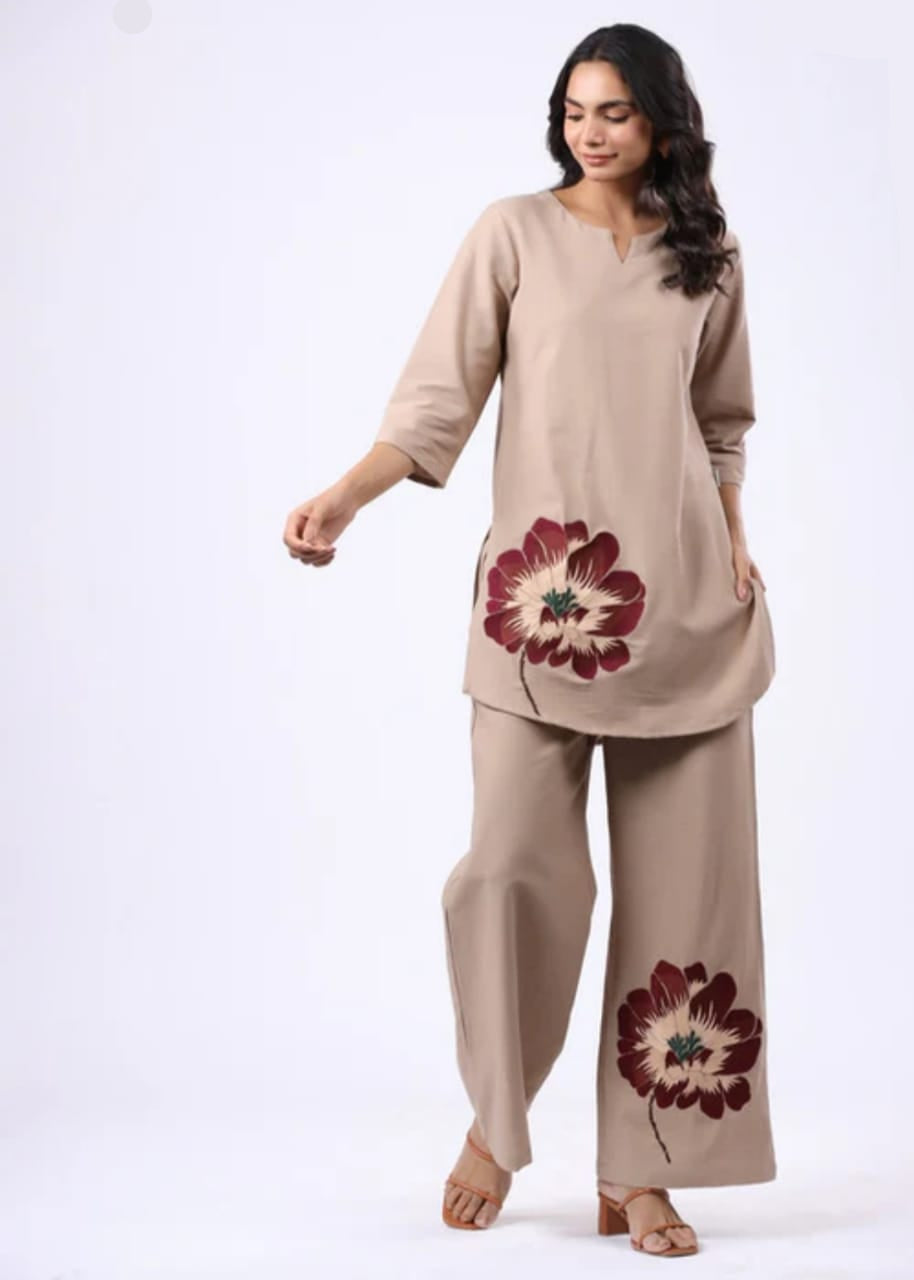 Beige Cotton Floral Printed Co-Ord Set