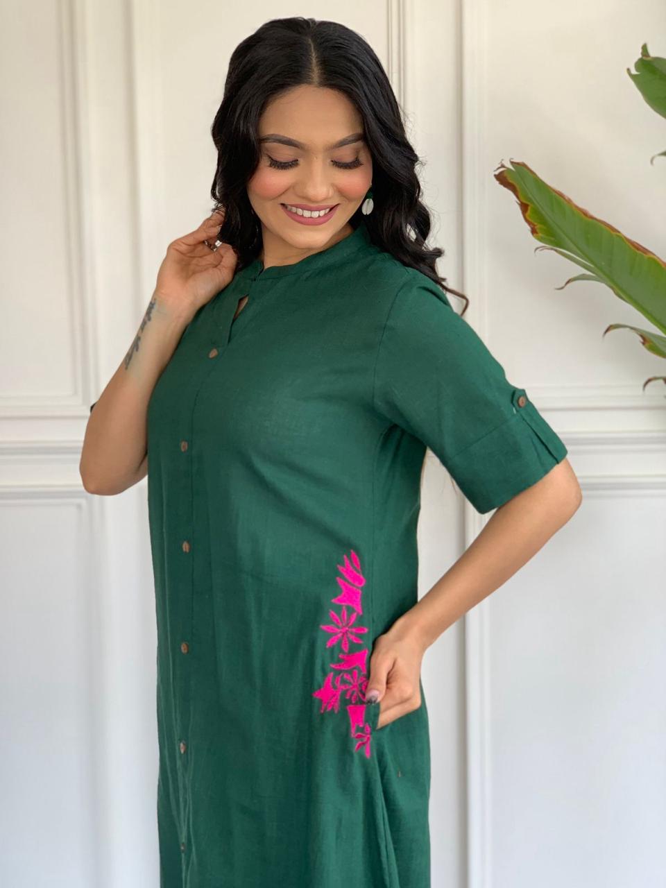 Forest Green Cotton Embroidered A line Co-Ord Set