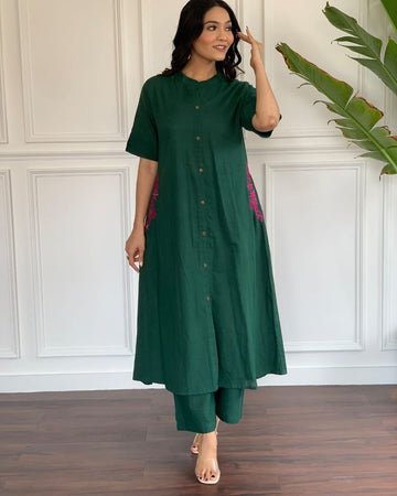 Forest Green Cotton Embroidered A line Co-Ord Set