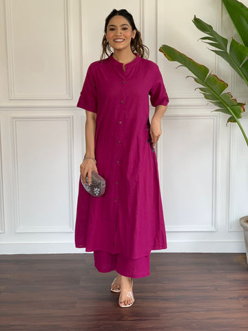 Magenta Button-Down Kurta Set with Pants