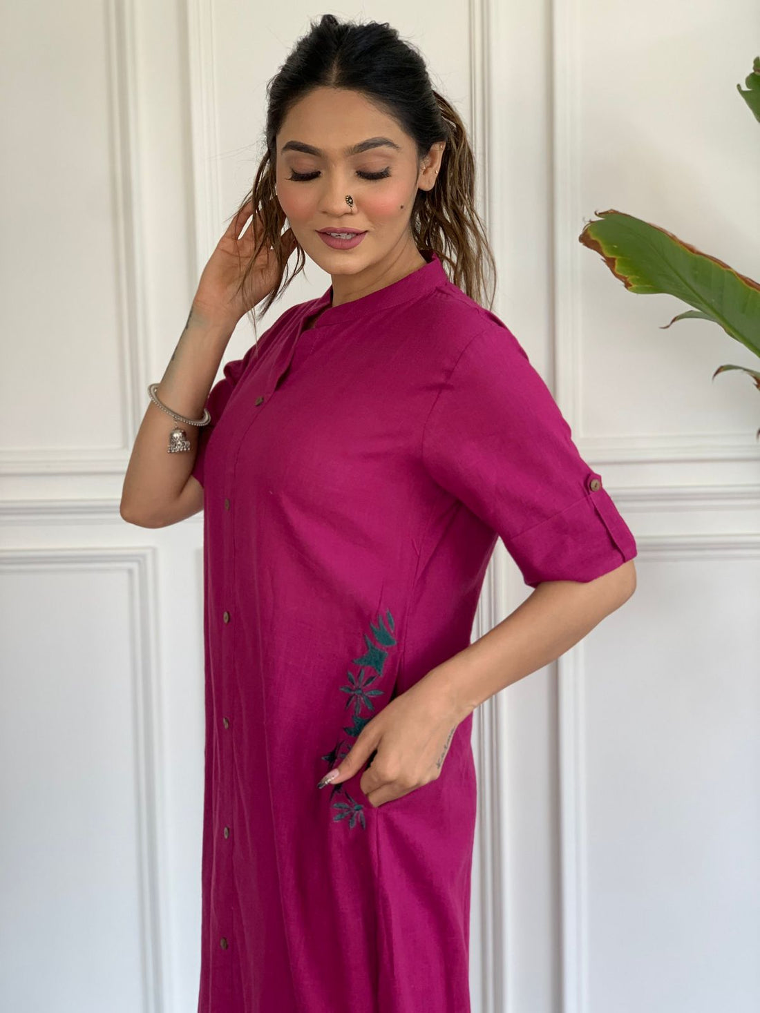 Magenta Button-Down Kurta Set with Pants