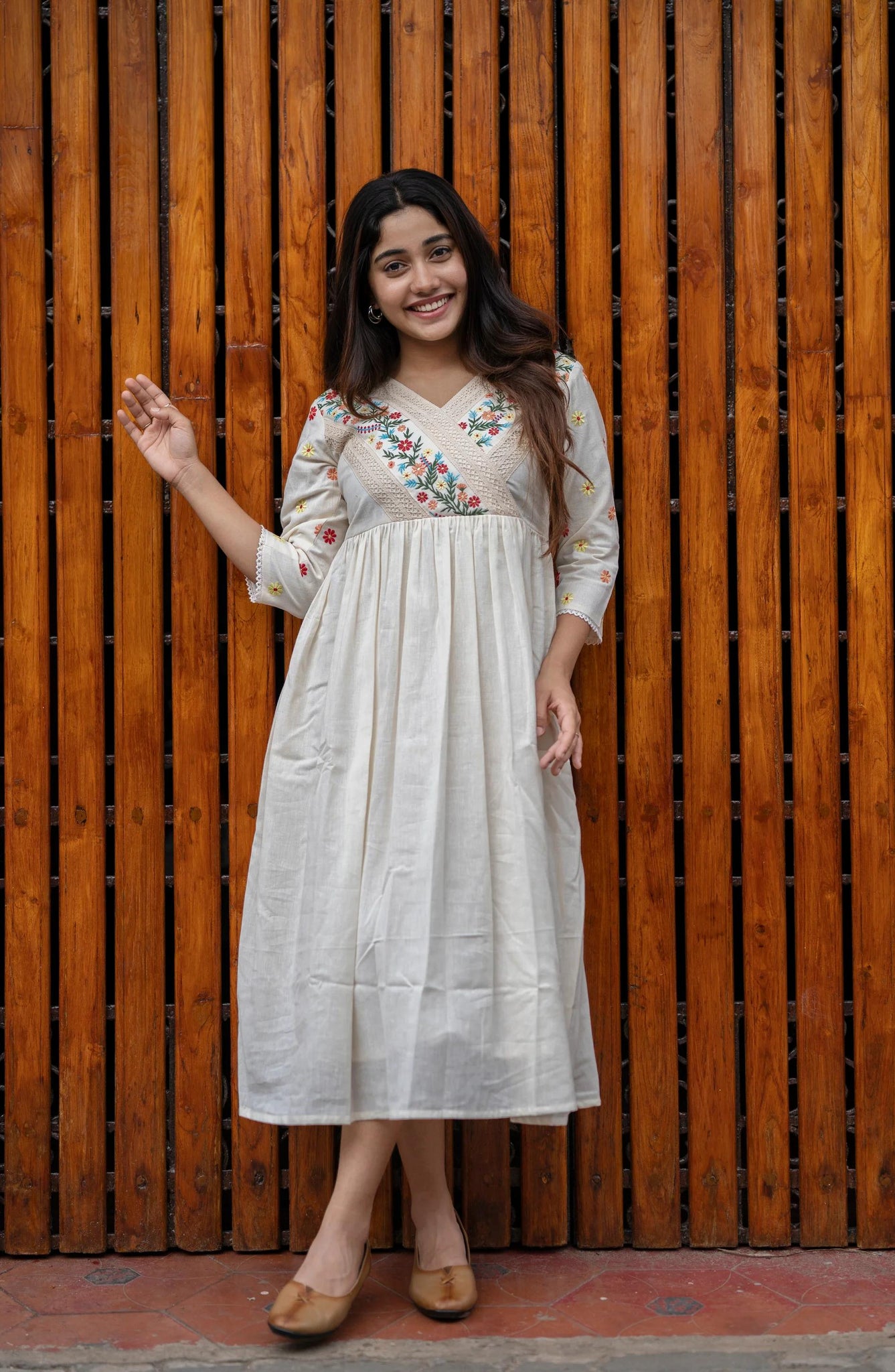 Off-White Cotton Anarkali Embroidery Dress