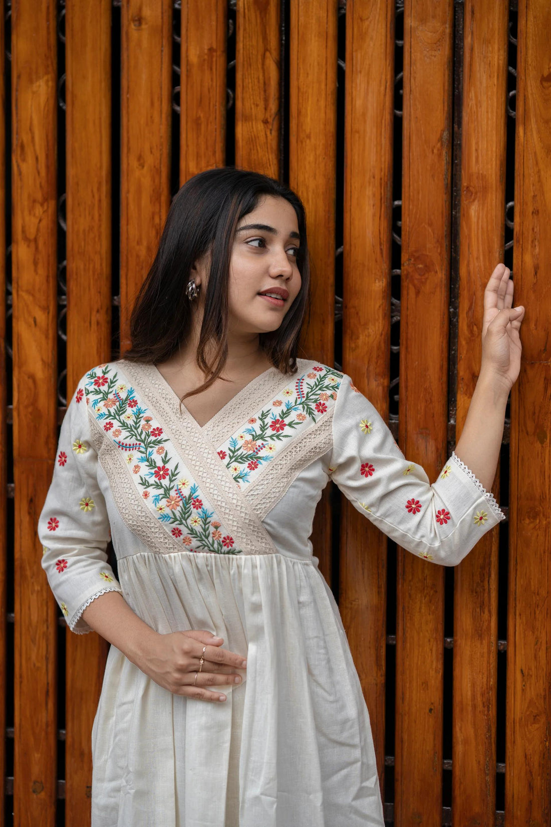 Off-White Cotton Anarkali Embroidery Dress