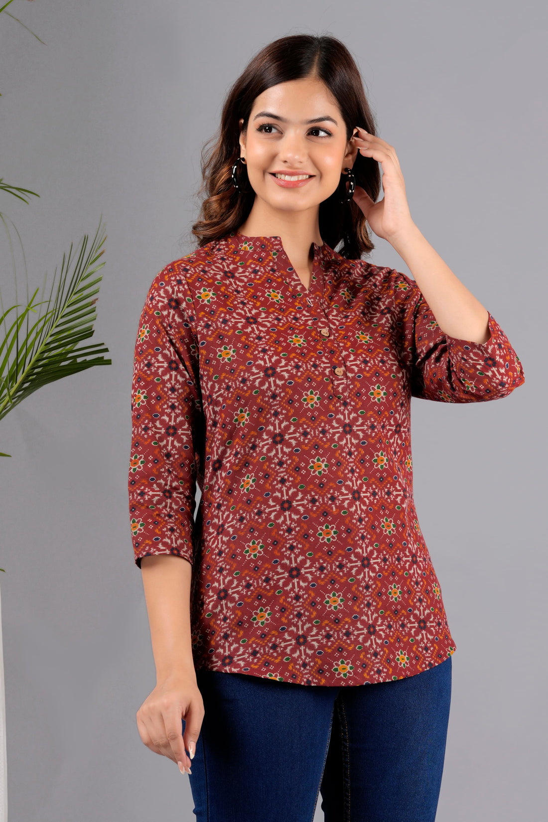 Crimson Charm Block Print Cotton Tunic